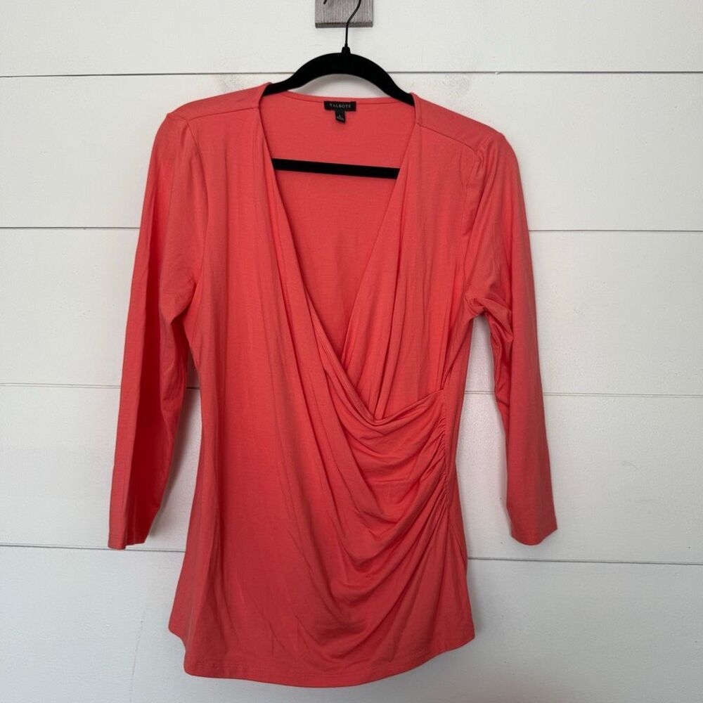 Talbots Women’s Large Coral Faux Wrap Top Blouse
